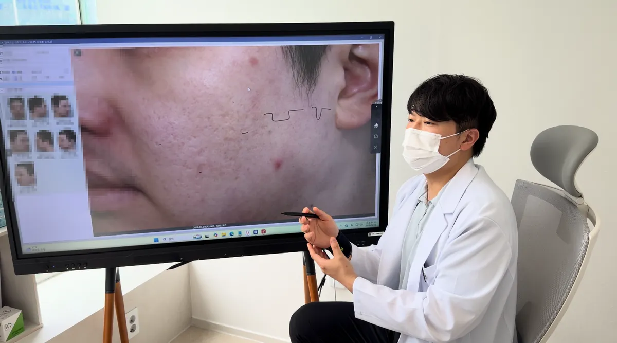 A doctor at a Jamsil dermatology clinic consulting while looking at a cheek skin photo on a digital whiteboard
