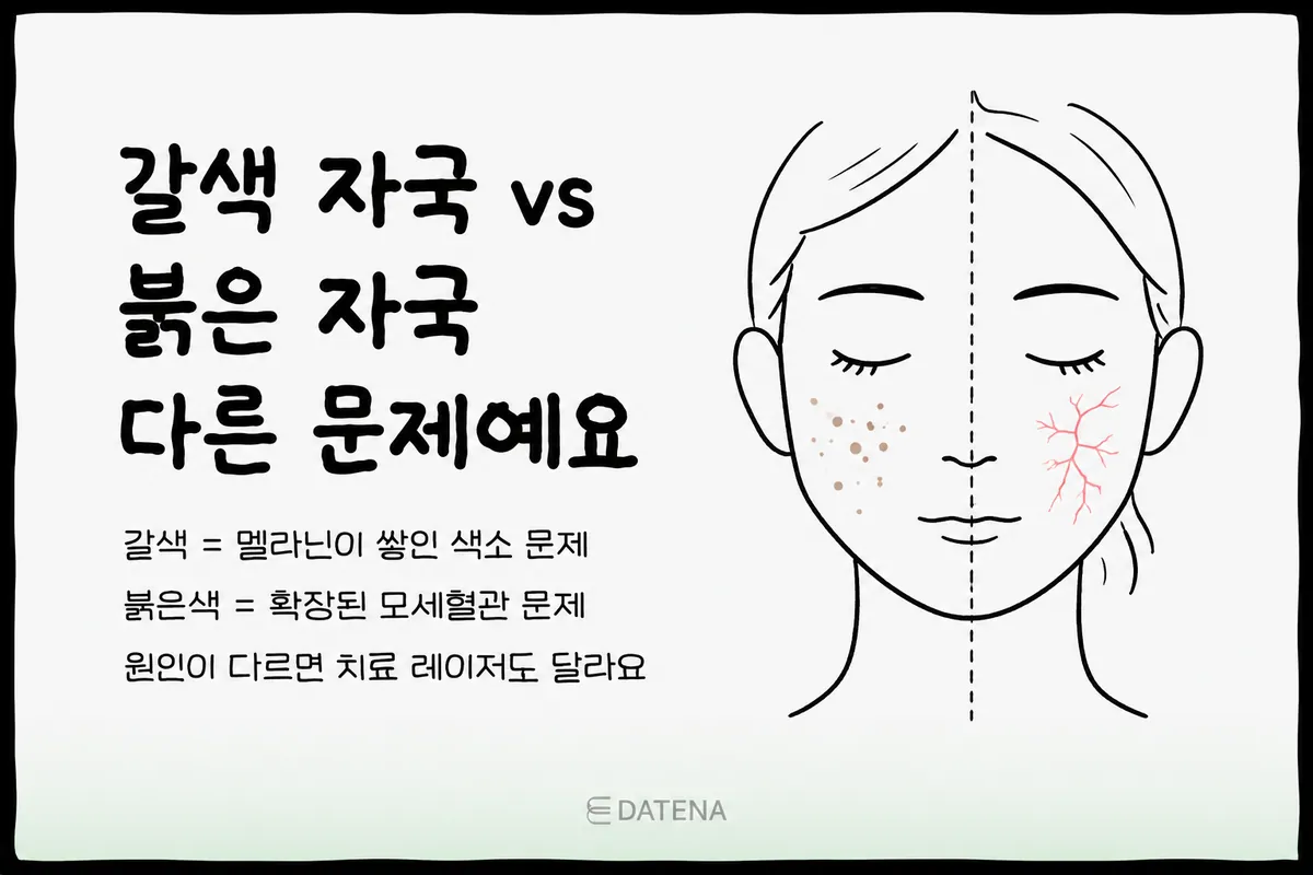 The brown and red marks left after acne have different causes. Brown is related to melanin pigment, while red may be related to dilated capillaries.