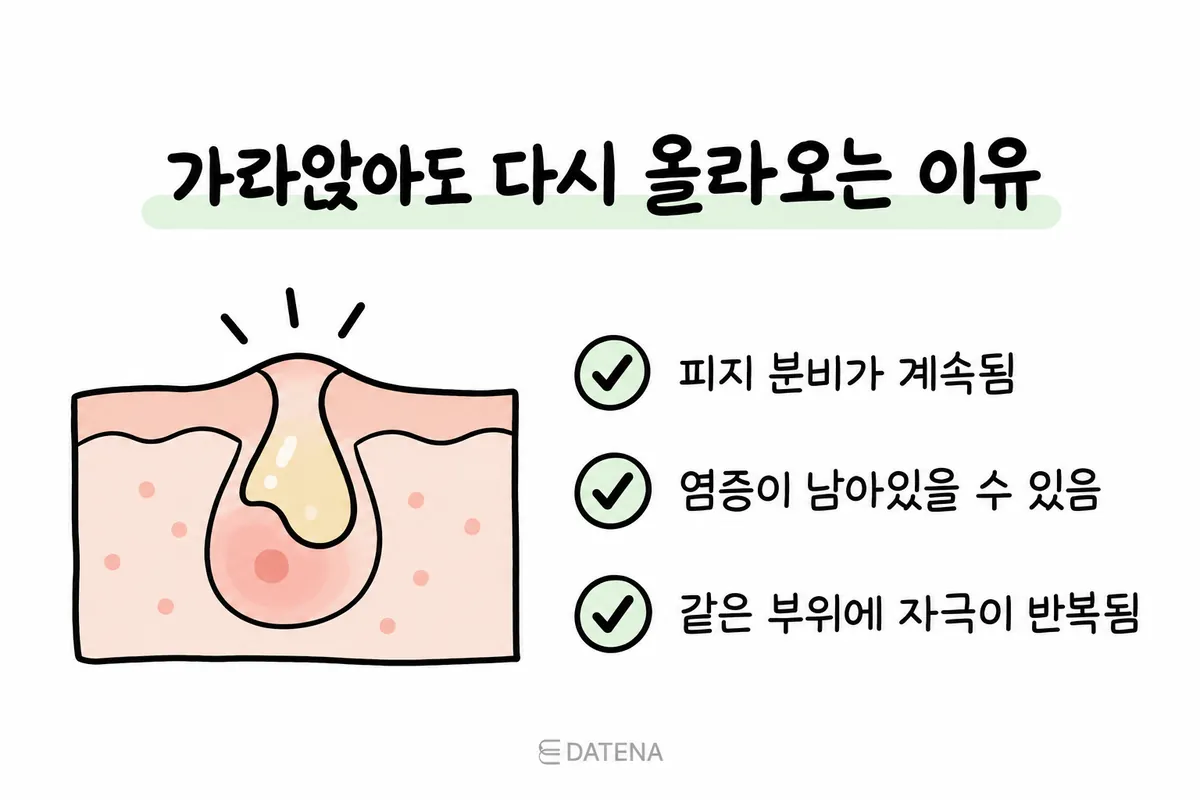 Illustration of how oil production, lingering inflammation and repeated irritation link to acne returning in the same area