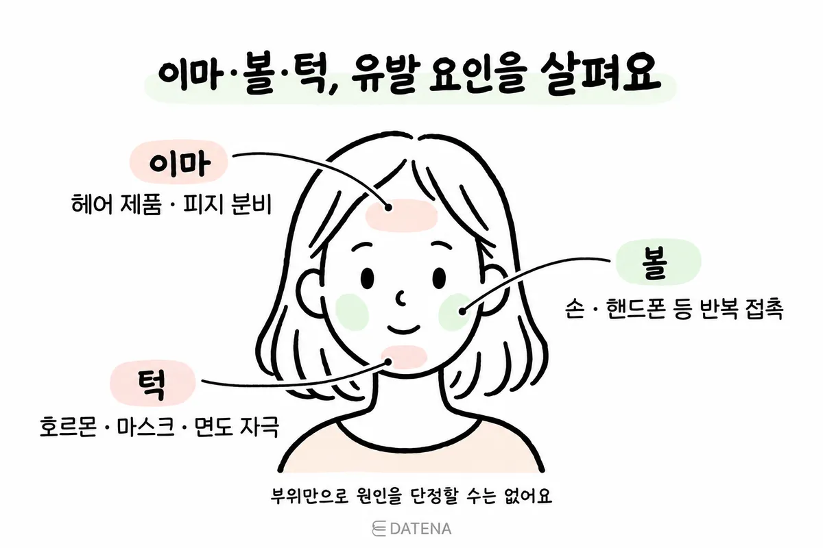Illustration marking acne triggers by facial area: forehead, cheeks and jaw