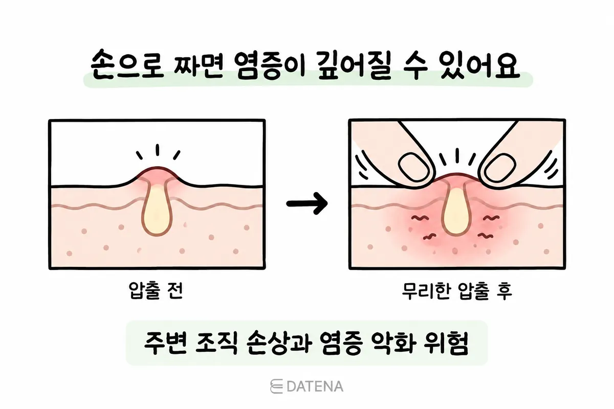 Cross-section illustration comparing skin irritation before and after forcefully squeezing a pimple