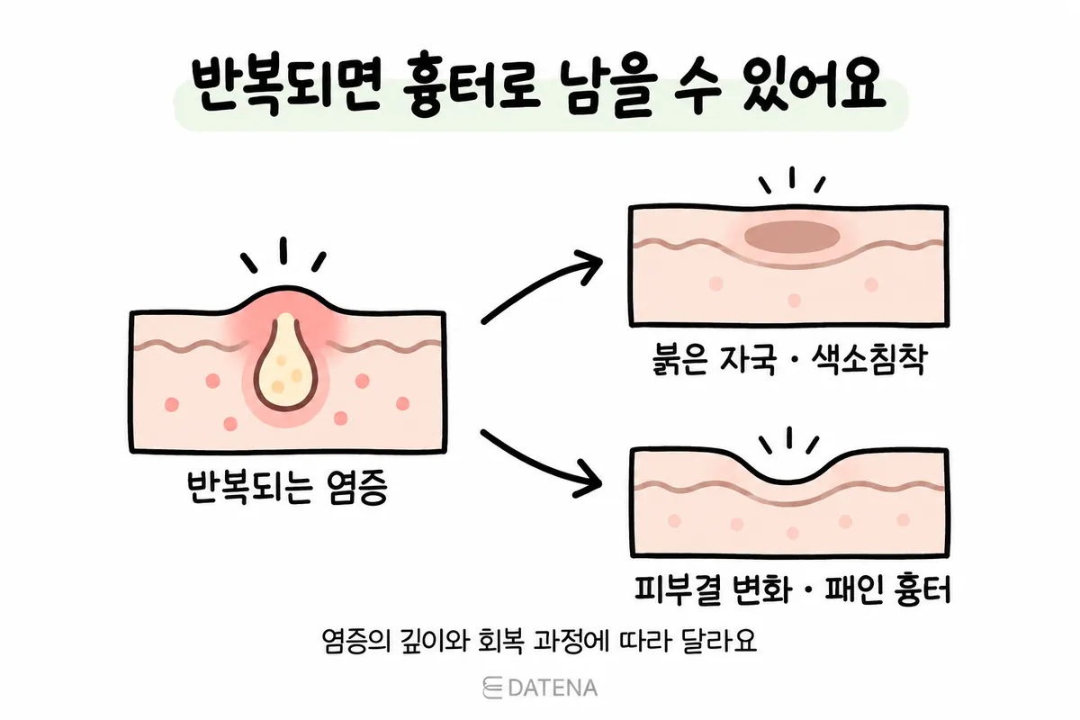 Illustration of how repeated acne inflammation leaves red marks, pigmentation and depressed scars