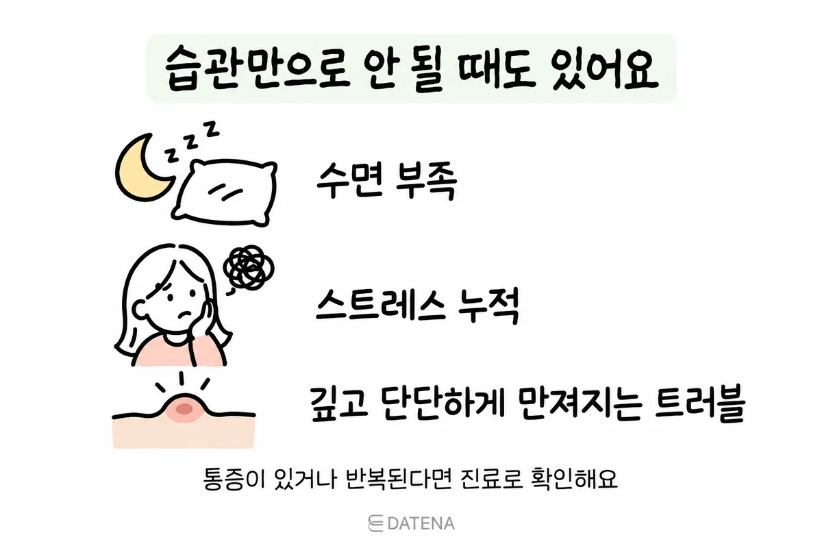 Guide illustration on sleep loss, stress and acne that feels firm to the touch