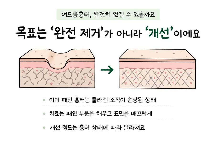 Illustration of the treatment goal: a cross-section showing a depressed acne scar becoming smoother after treatment