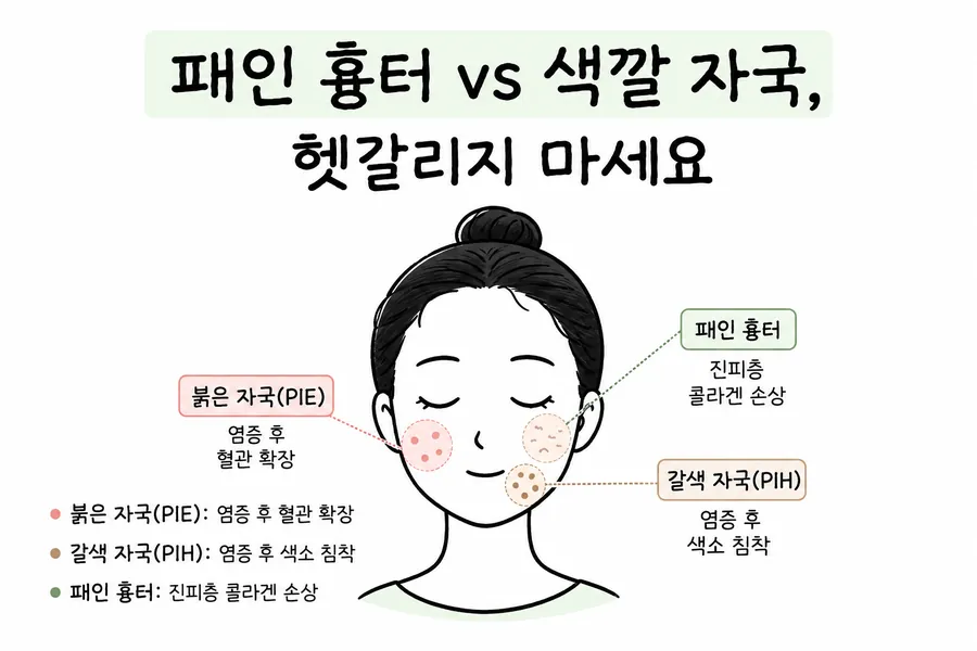 Illustration comparing red acne marks, brown pigment marks and depressed scars by location on the face