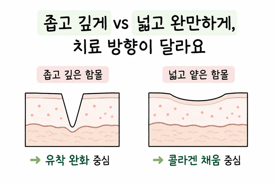 Illustration comparing skin cross-sections and treatment approaches for narrow, deep acne scars versus wide, shallow ones