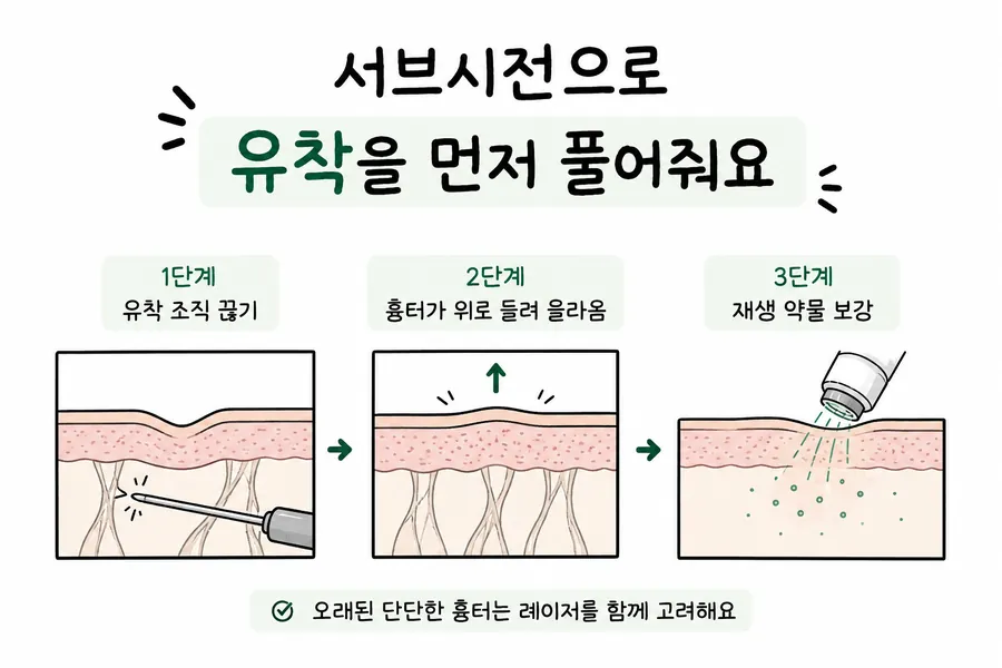 Illustration of subcision: releasing the tethering under a narrow, deep acne scar so the skin can lift