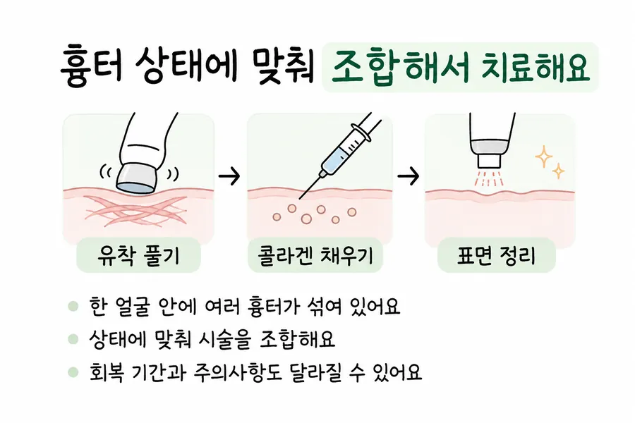 Illustration of the acne scar treatment sequence: releasing tethering, rebuilding collagen, then smoothing the skin surface