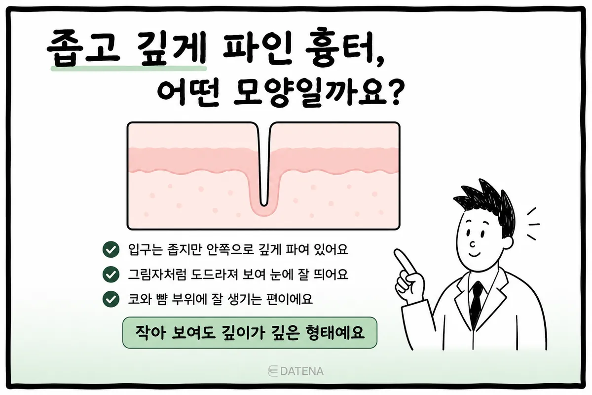 Illustration of a skin cross-section showing an acne scar with a narrow opening that cuts deep into the dermis