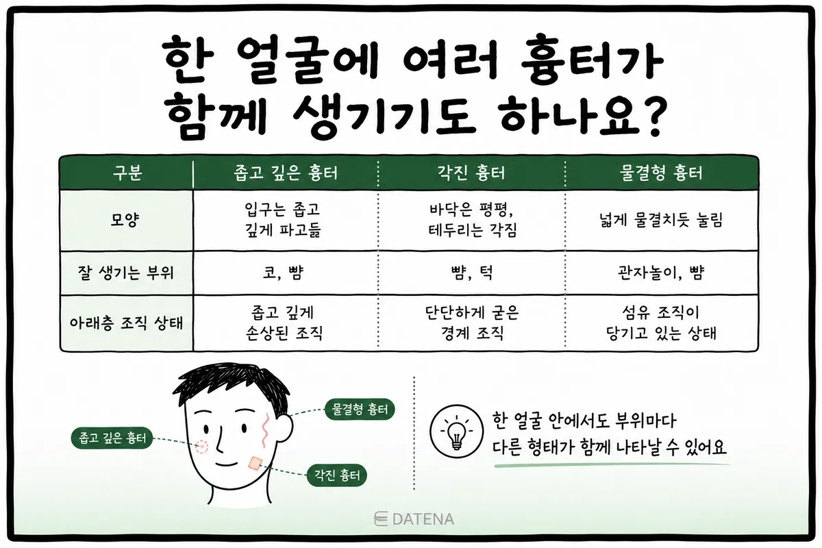 Table comparing narrow deep scars, angular scars and wave-shaped scars by shape, where they appear and tissue condition