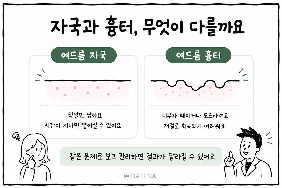 Side-by-side cross-section illustration comparing an acne mark that leaves only discoloration on smooth skin with an acne scar where the surface is indented