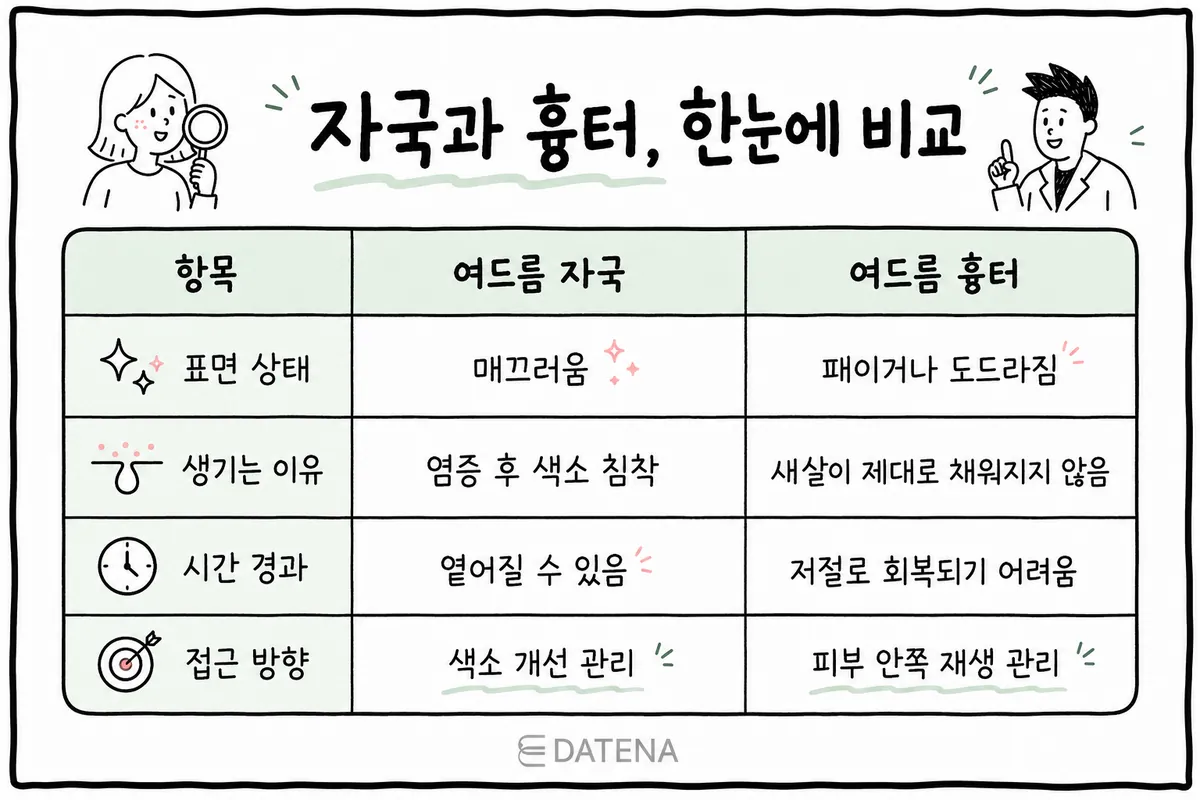Table comparing acne marks and acne scars by surface condition, cause, change over time, and treatment approach