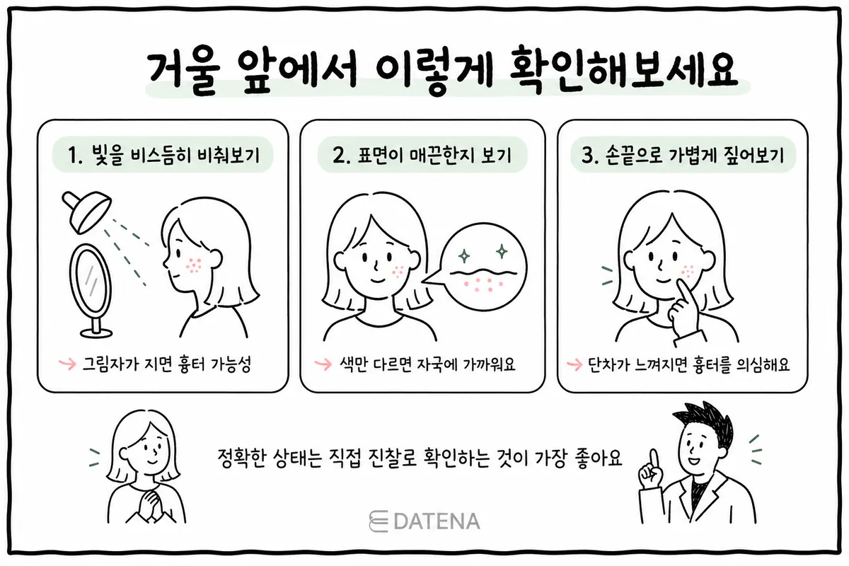Three-step illustration of checking your skin in front of a mirror: angled lighting, the skin surface, and how it feels under your fingertips