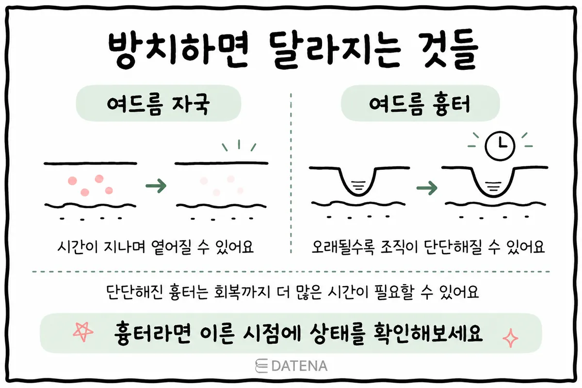 Illustration comparing how acne marks can fade over time versus how indented scars can last for a long time