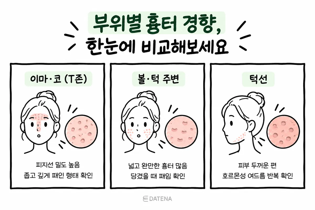 Face illustration comparing acne scar tendencies in the forehead and nose T-zone, the cheeks and chin, and the jawline