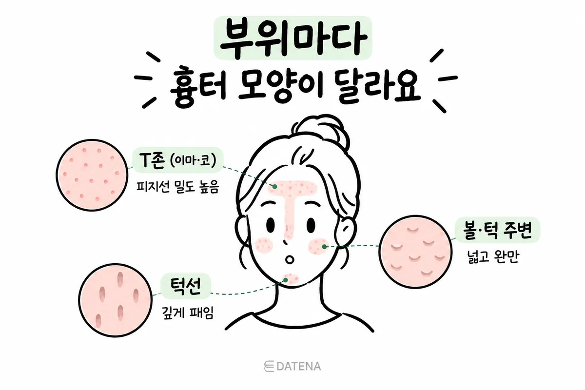 Illustration showing the different oil production and scar shapes of the T-zone versus the cheeks and chin