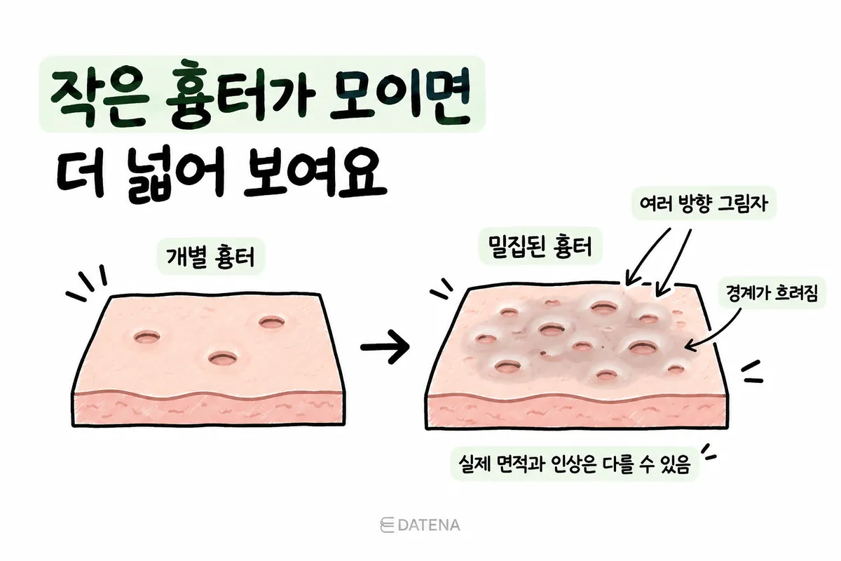 Cross-section illustration showing how clustered acne scars look wider because of shadows cast from multiple directions