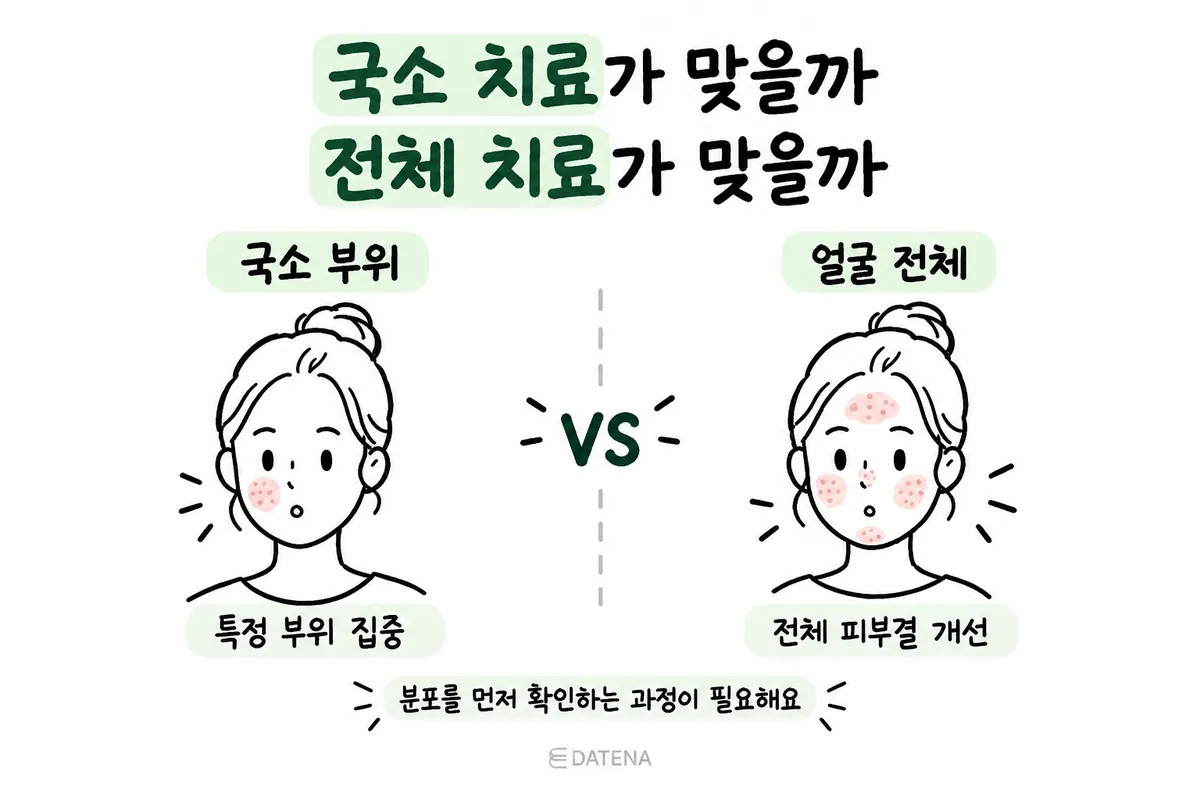 Illustration comparing targeted treatment for scars clustered in one area with full-face treatment for scars spread across the face