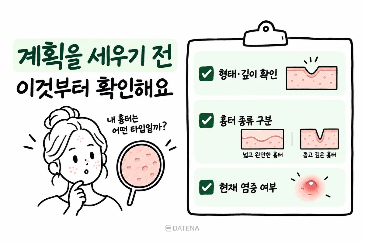 Checklist for reviewing scar type, depth and any active inflammation before planning acne scar treatment