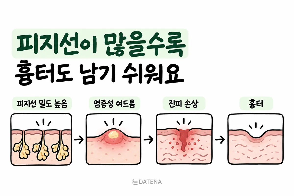 Illustration showing how sebaceous glands and inflamed acne lead to dermal damage and depressed scars