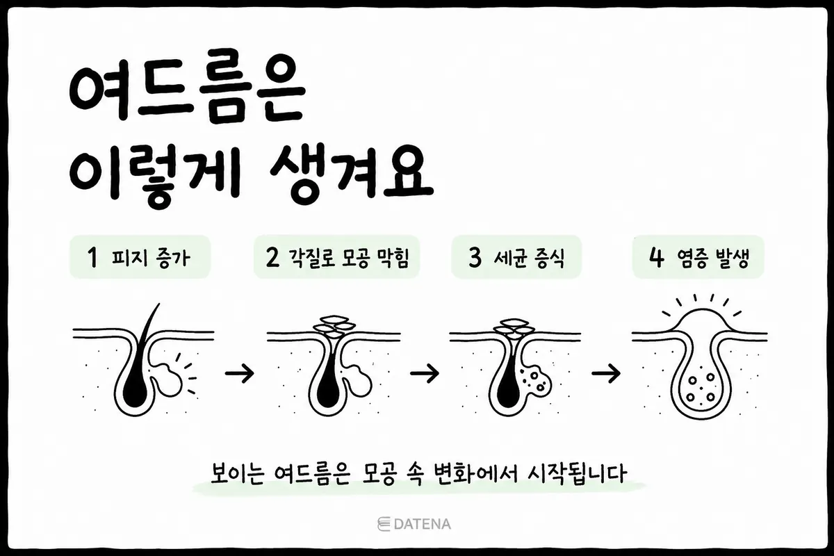 Illustration of the 4 stages of acne formation: increased oil, clogged pores from dead skin, bacterial growth, and inflammation