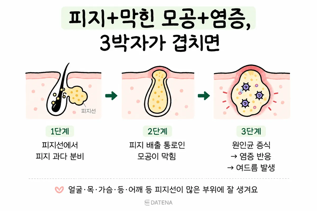 Illustration of the three stages of acne: excess oil production, clogged pores, then inflammation