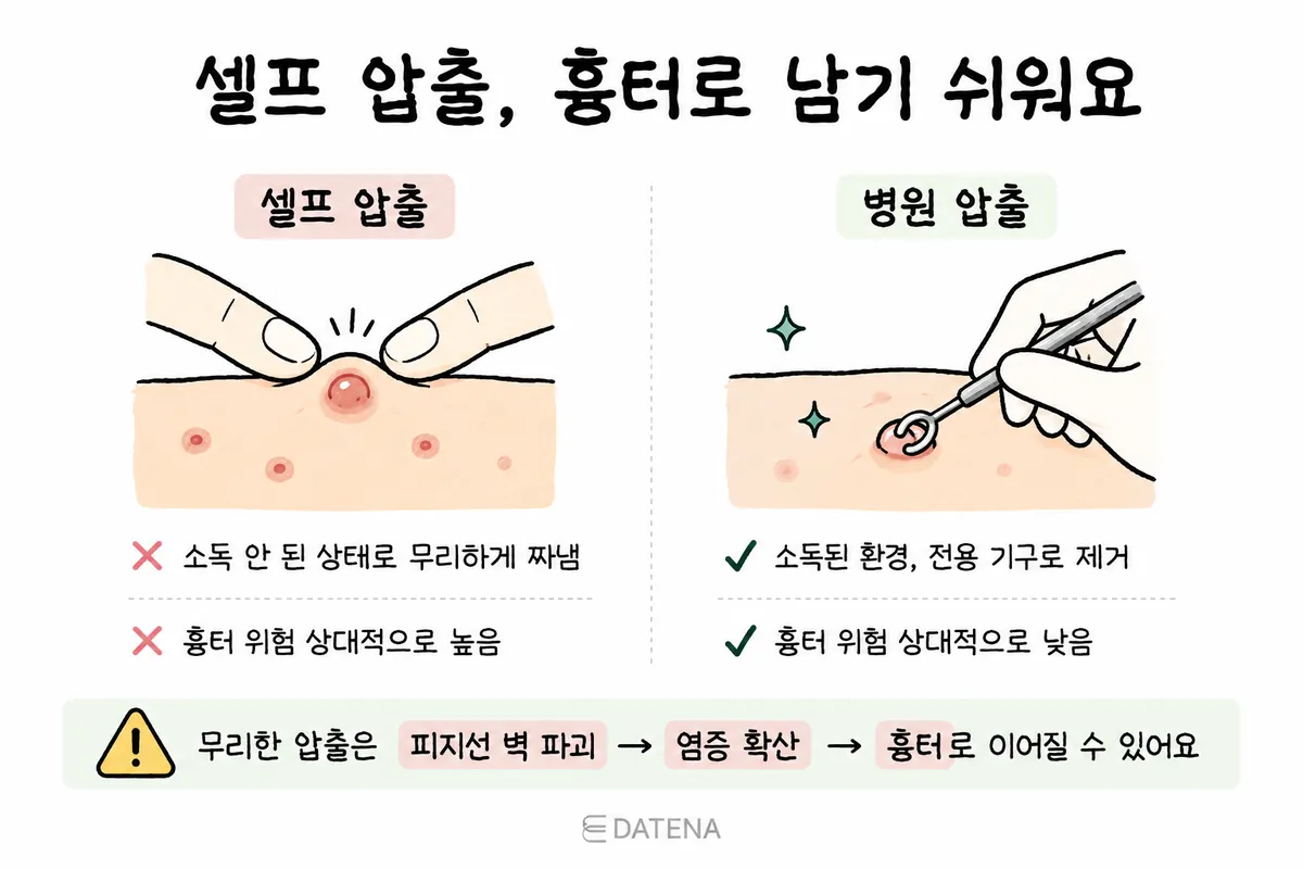 Illustration comparing squeezing acne by hand with extraction using a proper tool, explaining scarring risk