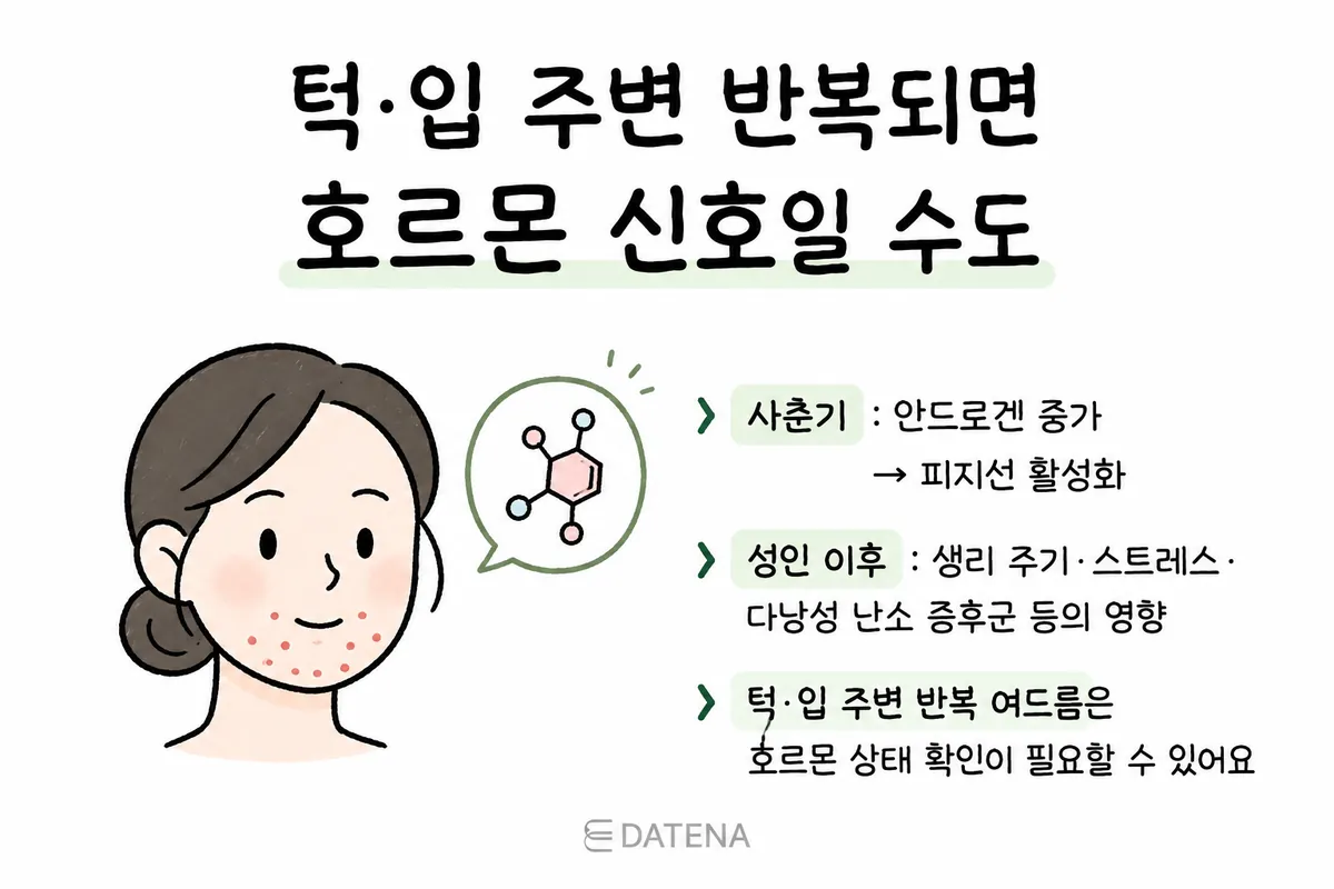 Illustration explaining how acne around the chin and mouth can be influenced by androgens in puberty and hormonal changes in adulthood