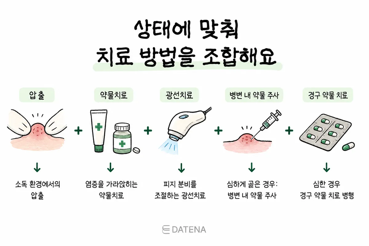 Illustration listing acne treatments by condition, including extraction, topical medication, light therapy, lesion injections and oral medication