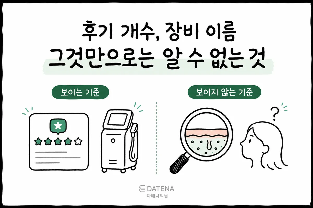 Illustration of an acne scar consultation comparing review ratings and treatment devices side by side with an examination of a skin cross-section