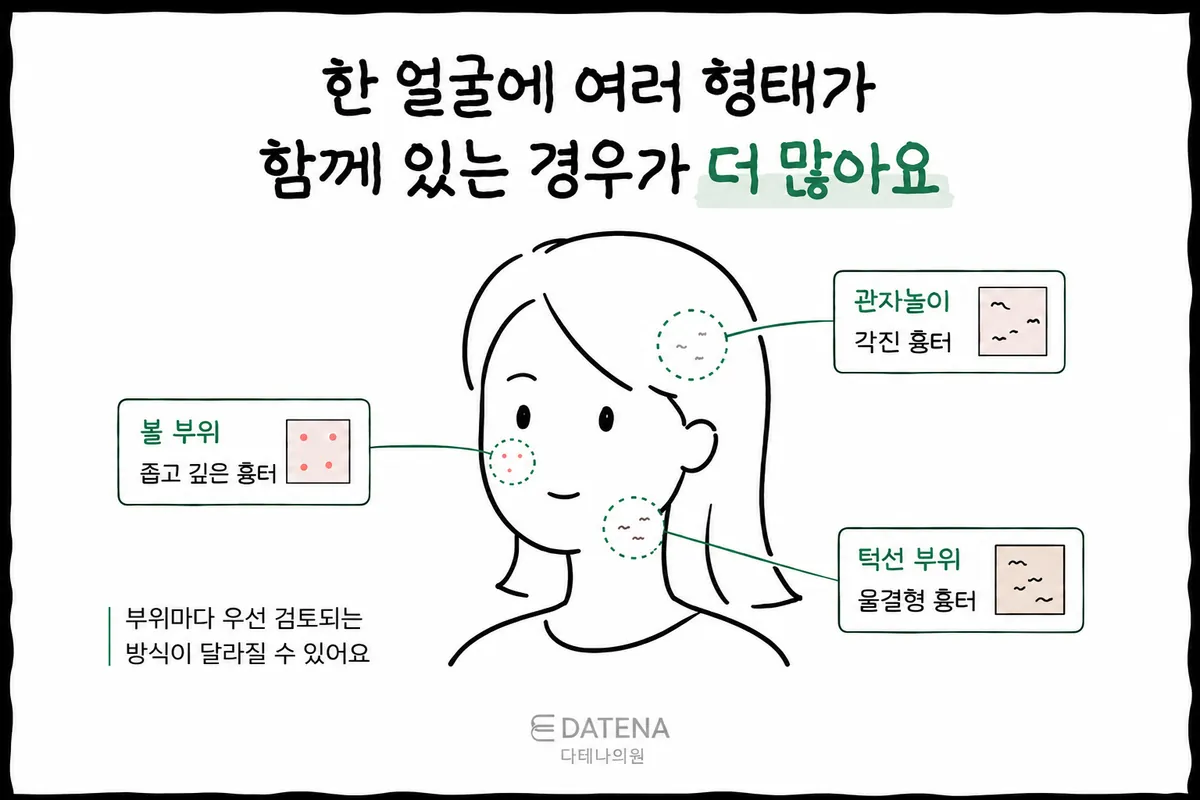 Illustration showing different types of acne scars marked on the cheeks, temples and jaw