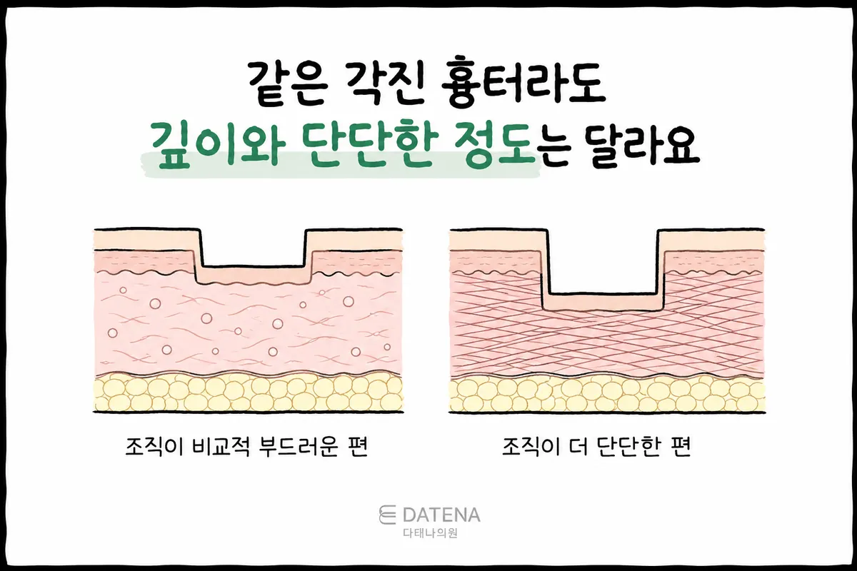 Skin cross-section illustration comparing two boxcar acne scars with different depths and firmness of the underlying tissue