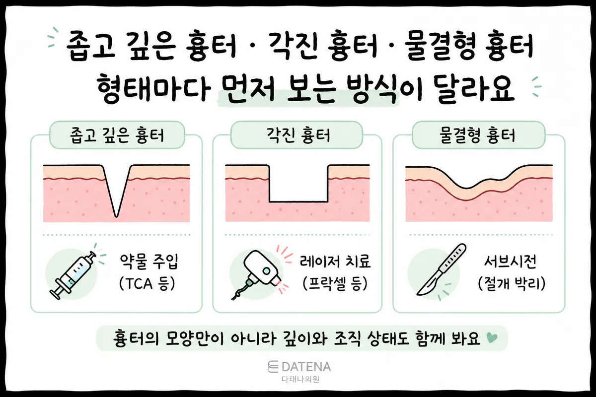 Illustration showing three types of acne scars side by side with examples of injection, laser and subcision treatments