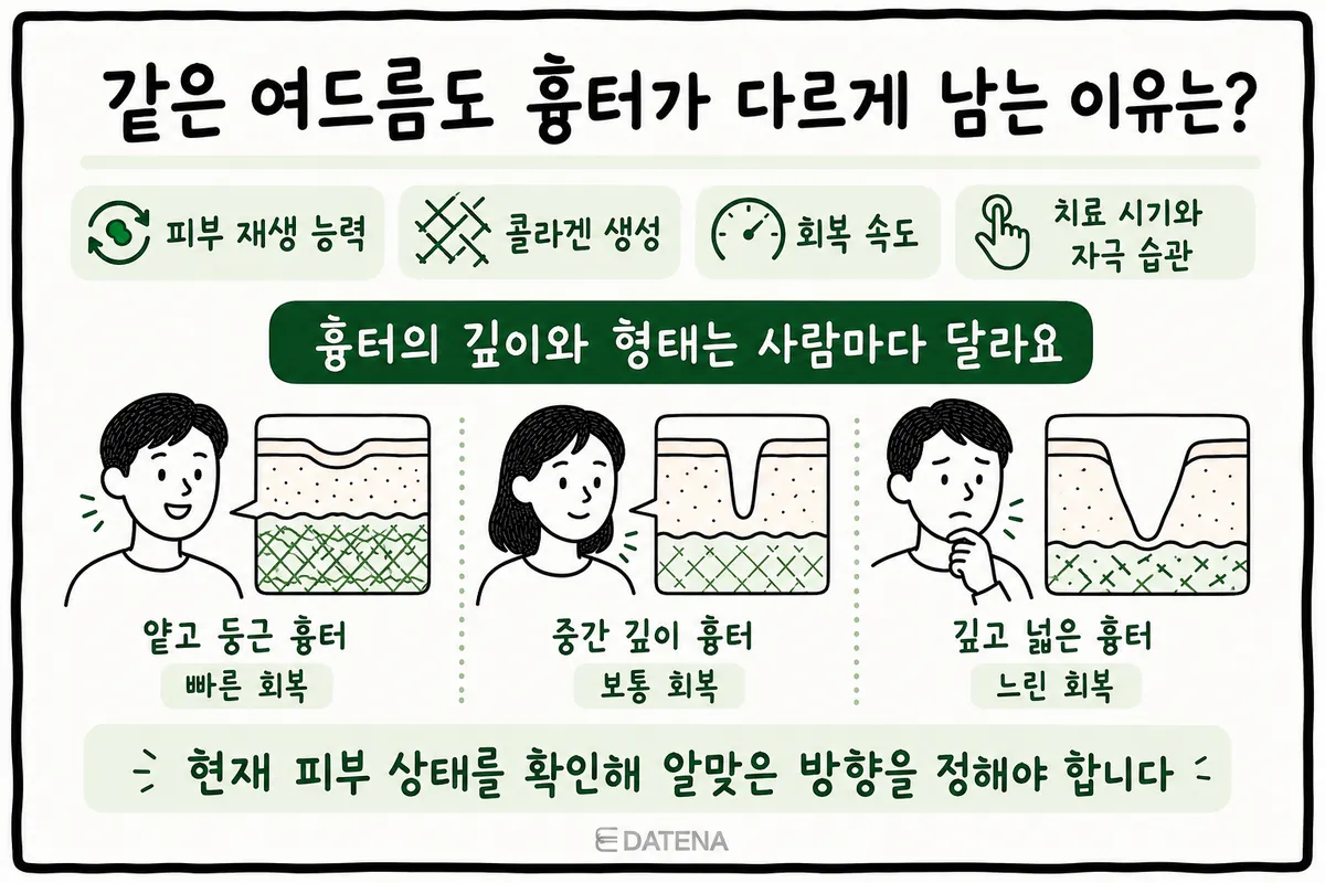 Illustration of three people whose scar depth differs according to their skin's regenerative capacity and collagen production