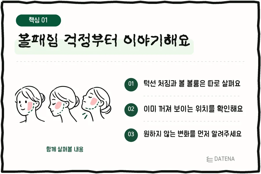 Let's start with your cheek hollowing concerns: we look at jawline sagging and cheek volume separately; we check areas that already look hollow; tell us first about changes you don't want — Datena Clinic info card