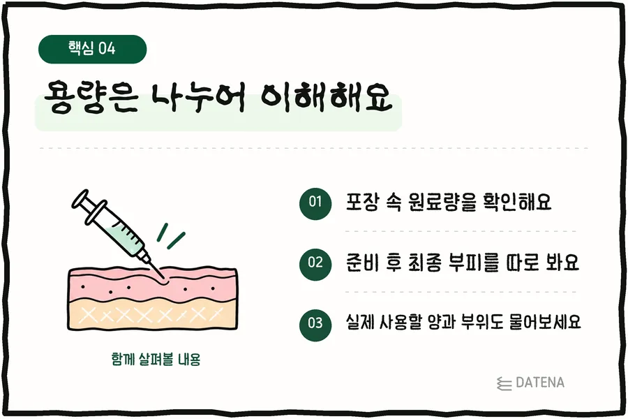 Understand volume in parts: Check the amount of material in the package; Look separately at the final volume after preparation; Ask about the actual amount used and the areas treated — Datena Clinic info card