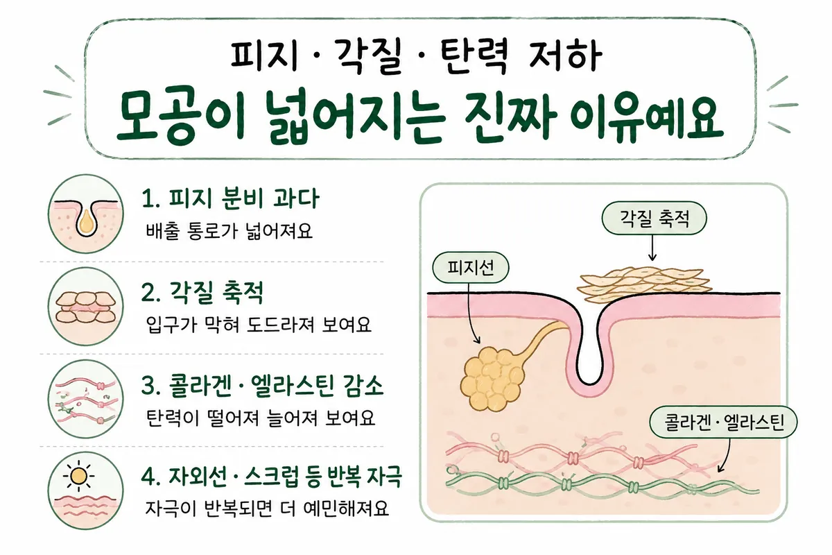 Illustration of how oil production, dead skin buildup and changes in skin elasticity make pores look larger