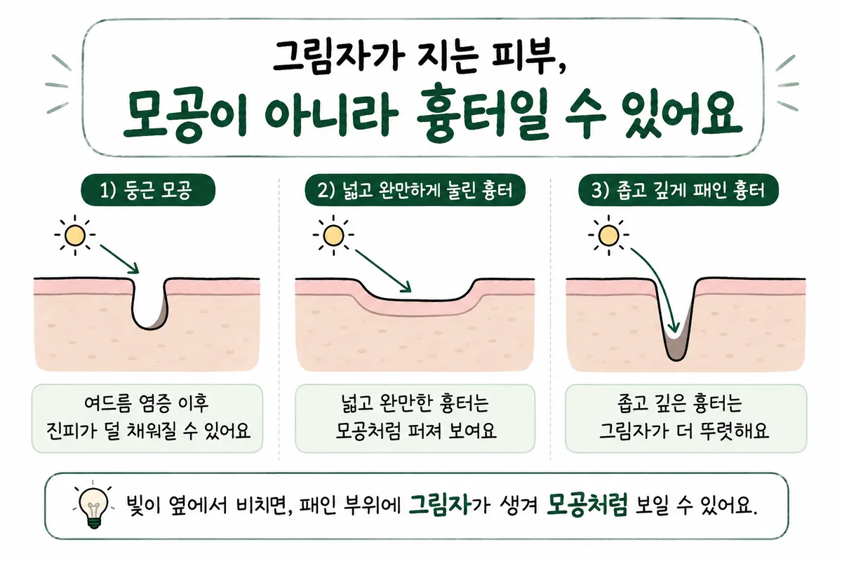 Cross-section and shadow comparison of enlarged pores, wide shallow scars and narrow deep scars