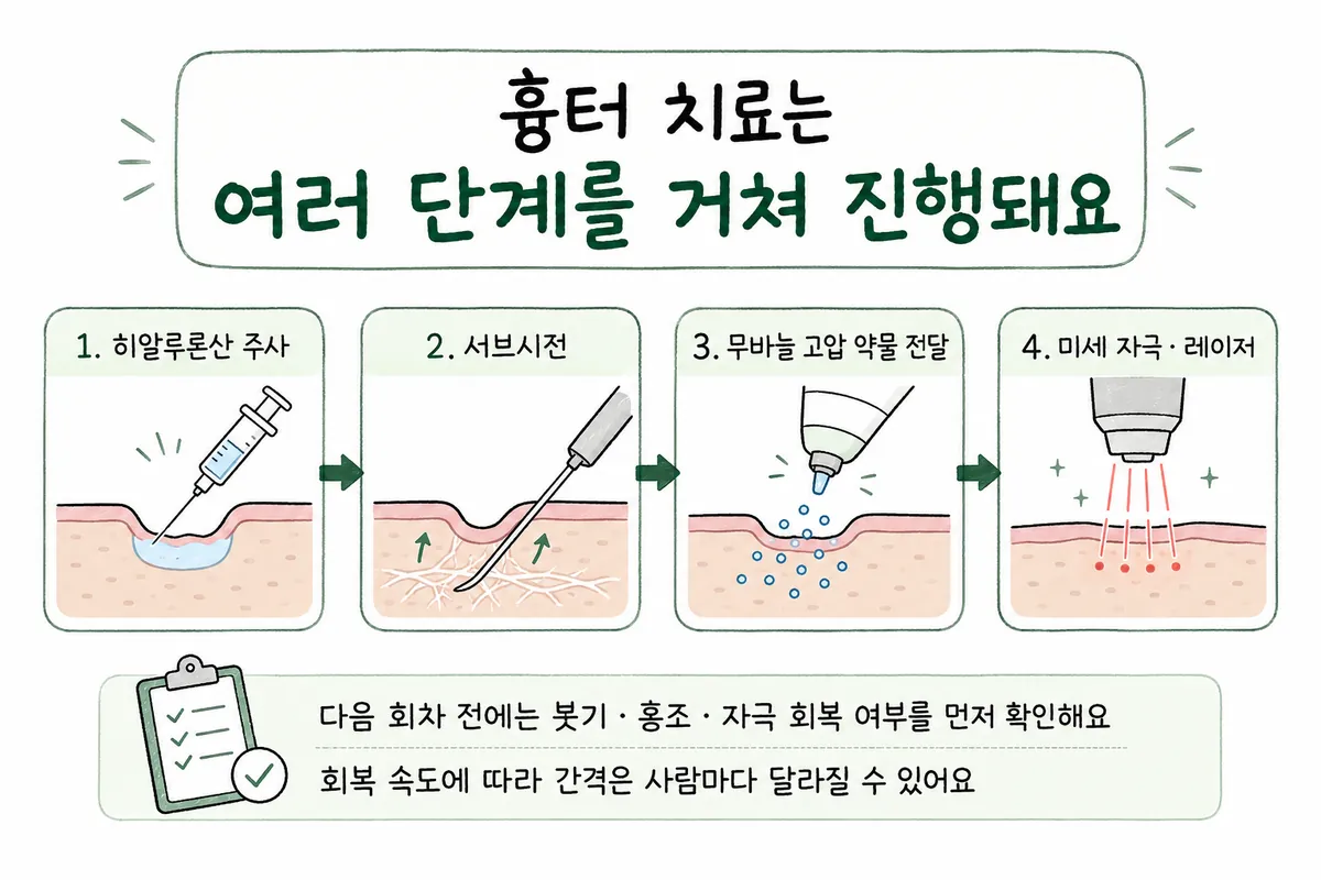 Diagram of the scar treatment process: creating space, subcision, drug delivery, micro-stimulation and laser