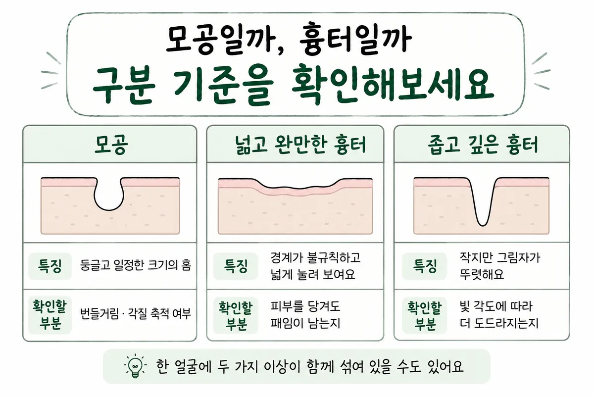 Comparison table of the shape and check points for pores, wide shallow scars and narrow deep scars