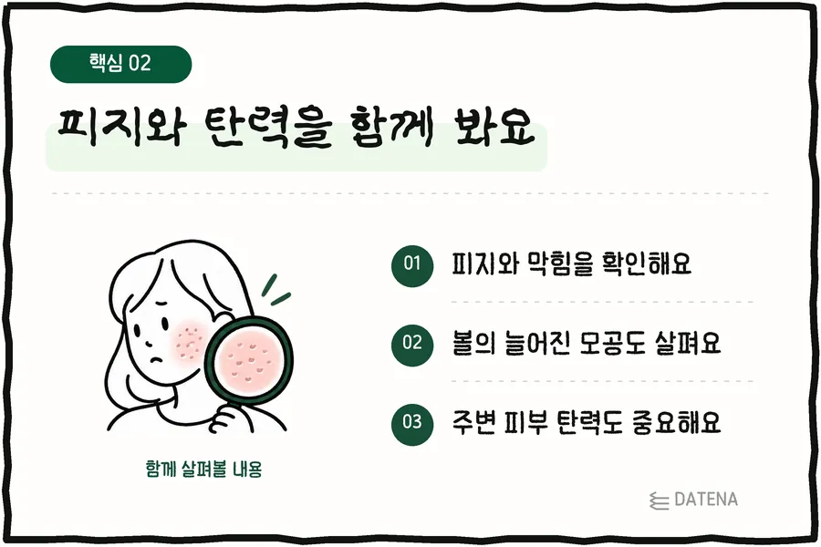 Looking at oil and elasticity together: We check oil and clogging; We also look at sagging pores on the cheeks; Elasticity of the surrounding skin matters too — Datena Clinic explainer card