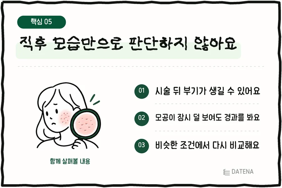Don't judge by how it looks right after: Swelling can occur after treatment; Even if pores look less visible for a while, we watch the progress; We compare again under similar conditions — Datena Clinic explainer card