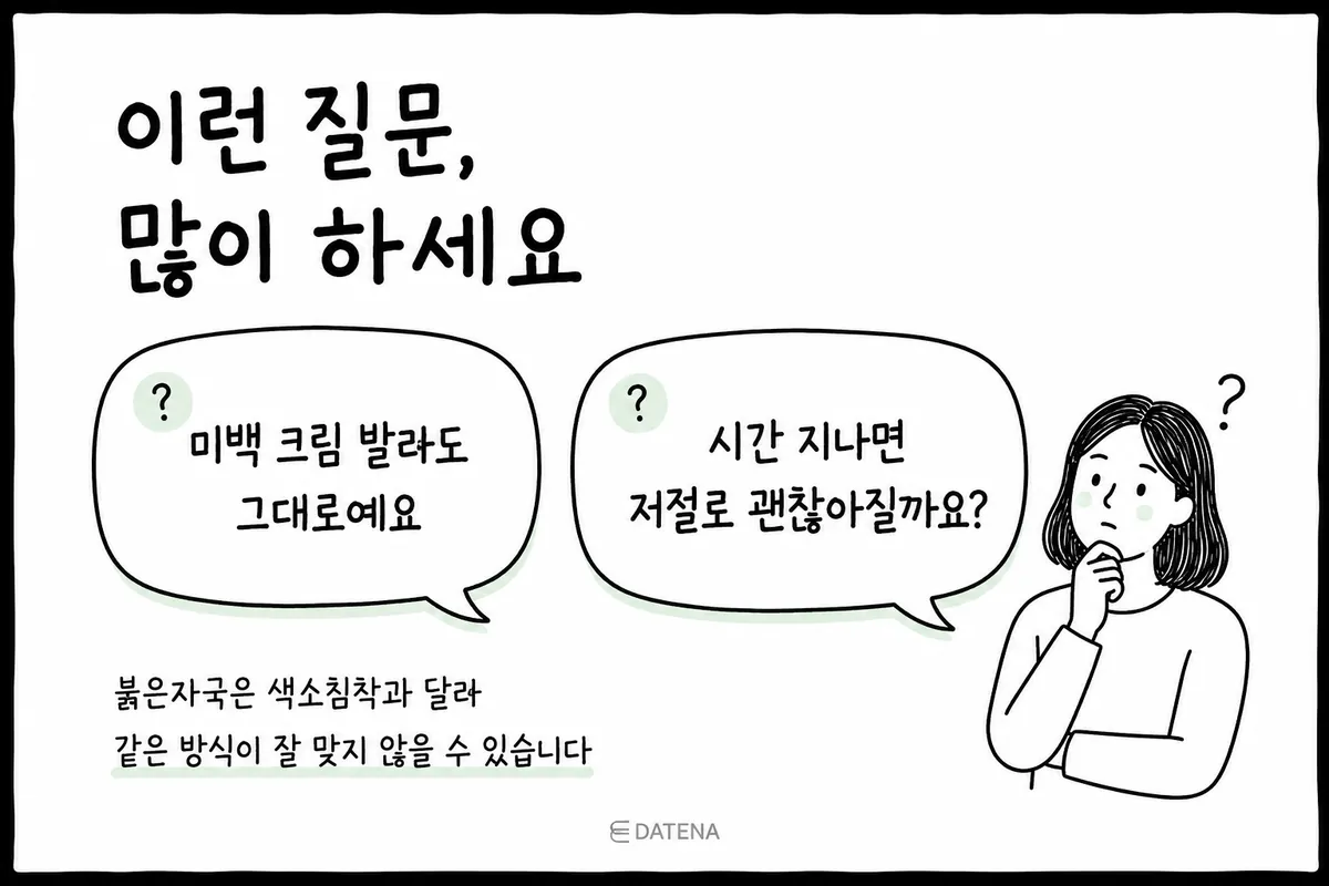Illustration asking why brightening creams don't work on red acne marks and whether they heal on their own