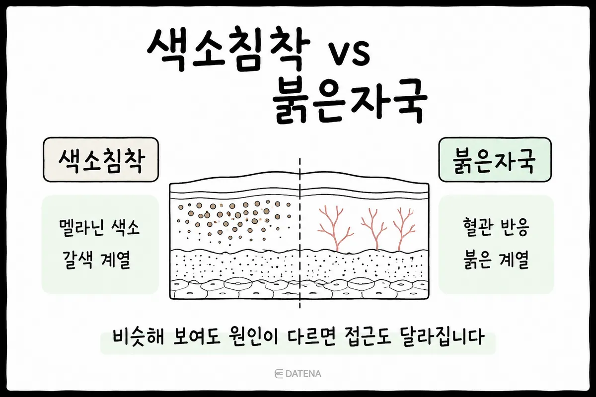 Skin cross-section comparing pigmentation from accumulated melanin with red acne marks where blood vessels show through