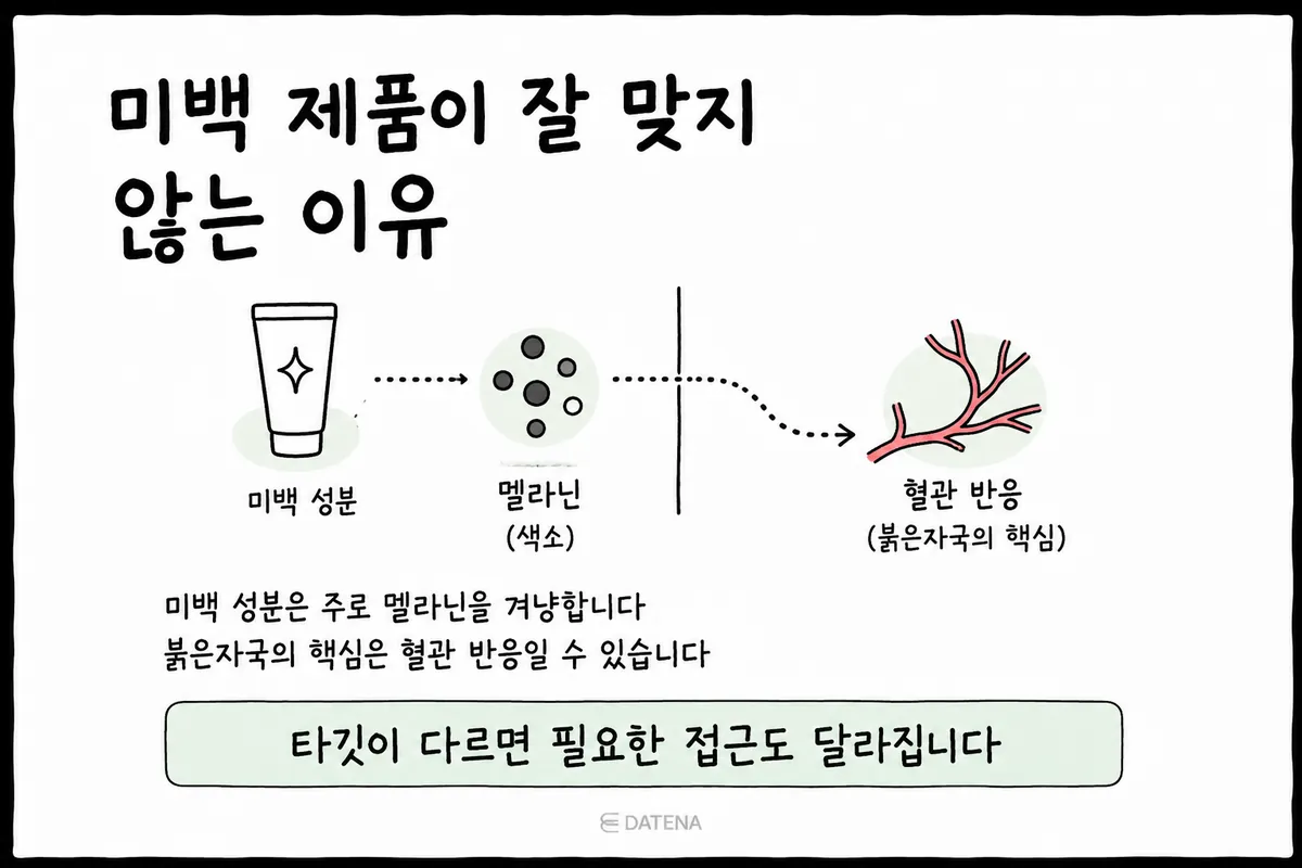 Illustration distinguishing how brightening ingredients act on melanin from the vascular response behind red marks