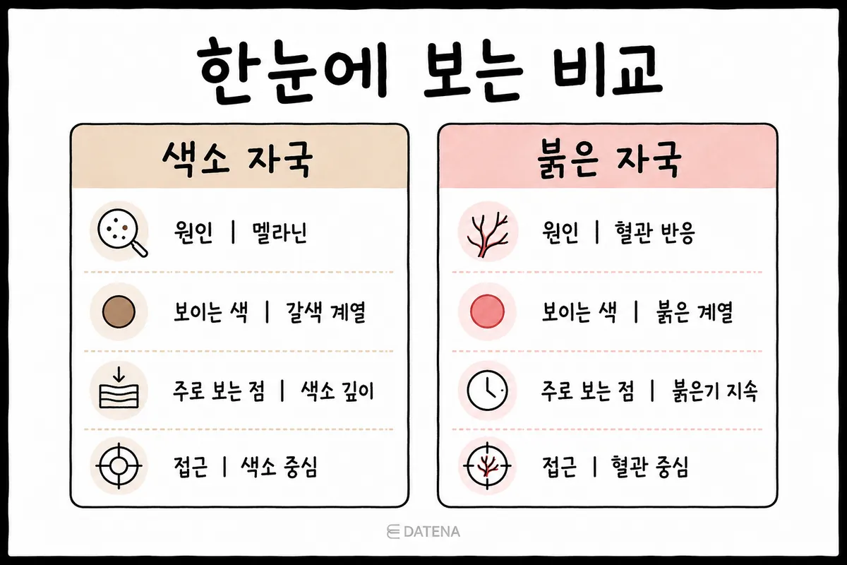 Comparison table of the causes, colors and treatment approaches for brown pigment marks and red vascular marks after acne