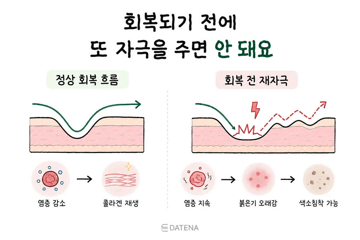 Illustration comparing normal skin healing with possible ongoing inflammation after re-treating before recovery