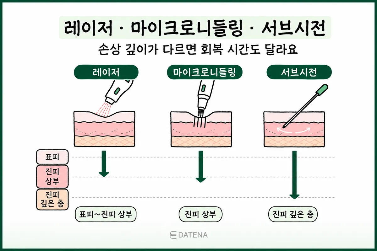 Illustration comparing how deep laser, microneedling and subcision reach into the skin, side by side