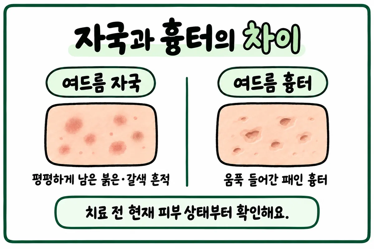 Illustration comparing flat acne marks with depressed acne scars