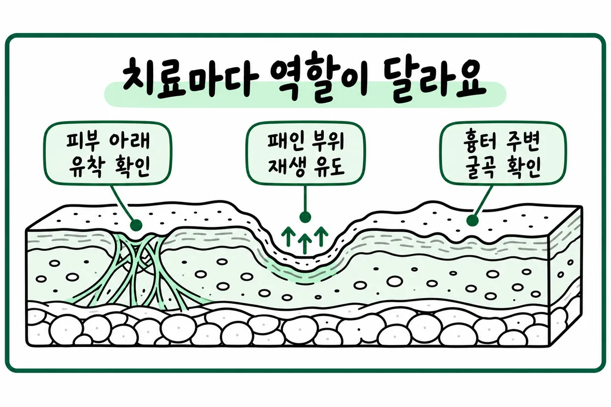 Illustration of treatment roles: checking tethering under the skin, stimulating regeneration in depressed areas, and checking contours around scars